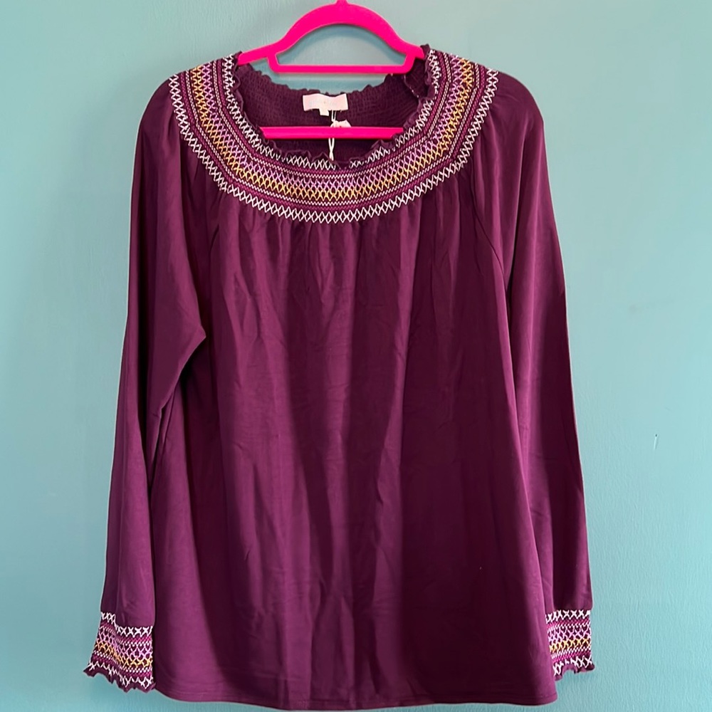 Grace & Lace plum smocked long sleeve top, NWT, XL.